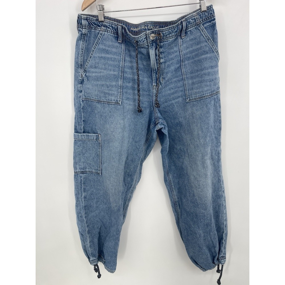 American‎ Eagle Womens Cargo Pocket Super High Rise Jogger Jeans Blue Sz 16 Bin9
